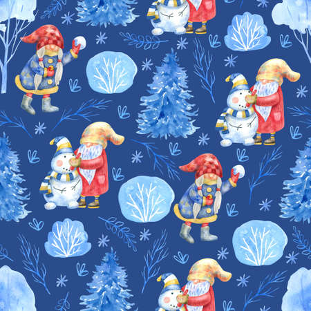 Seamless pattern with gnomes having fun outdoor, snow fir trees, bushes and snowflakes on navy blue background. Watercolor hand painted illustration. Winter designの写真素材