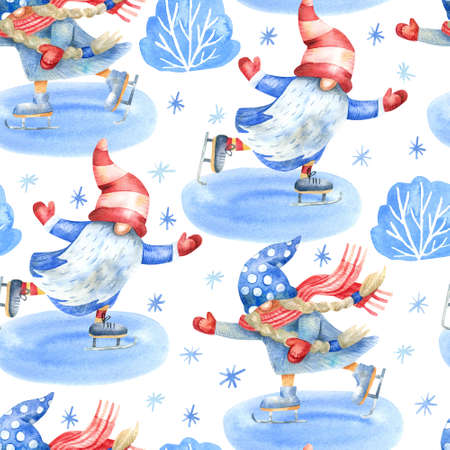 Seamless pattern with gnomes skating on ice ring, snow bushes and snowflakes on white background. Watercolor hand painted illustration. Winter designの写真素材