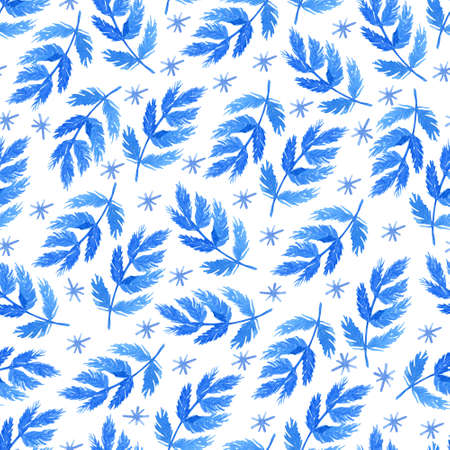 Seamless pattern with fir branches and snowflakes on white background. Watercolor hand painted illustration. Winter design.の写真素材