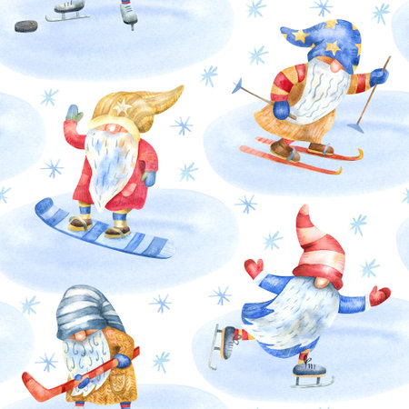 Seamless pattern with happy gnomes snowboarding, skiing, skating on white background. Watercolor hand painted illustration. Winter sport and recreation. Red, yellow and blue colorsの写真素材