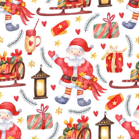 Seamless pattern with Christmas decorations, Santa, sleigh with presents on white background. Hand painted watercolor illustration. Great for fabrics, wrapping paper, greeting cards.の写真素材