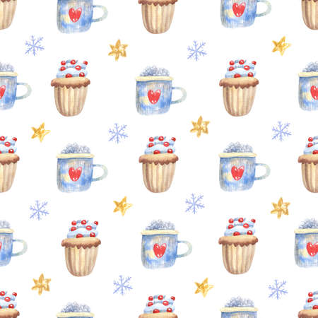 Winter seamless pattern with coffee mugs with marshmallow and cupcakes decorated with berries on white. Hand painted watercolor illustration. Great for fabrics, wrapping paper, Christmas greeting cardの写真素材