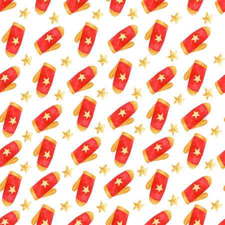 Christmas seamless pattern with red mittens decorated with golden stars on white background. Hand painted watercolor illustration. Great for fabrics, wrapping paper, greeting cards.の写真素材