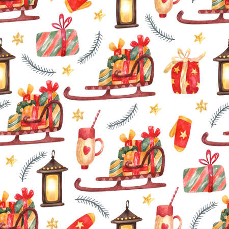 Seamless pattern with Christmas decorations, Santa's sleigh with presents on white background. Hand painted watercolor illustration. Great for fabrics, wrapping paper, greeting cards.の写真素材