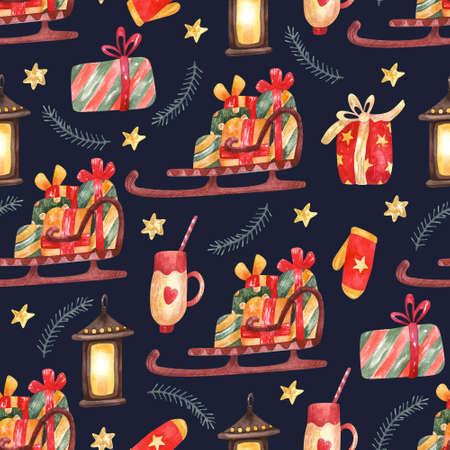 Seamless pattern with Christmas decorations, Santa's sleigh with presents on dark navy blue...
