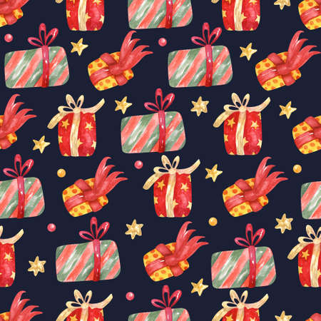 Seamless pattern with Christmas presents and golden stars on dark navy blue background. Xmas gift boxes. Hand painted watercolor illustration. Great for fabrics, wrapping paper, greeting cards.の写真素材