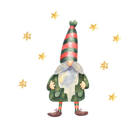 Christmas card with a cute gnome and golden stars. Striped hat with a pompon. Watercolor hand painted illustration on white background. Red and green colors.の写真素材
