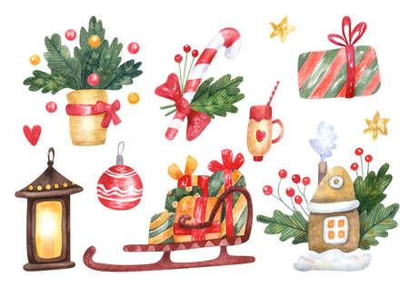 Set with Christmas decorations and sweets. Santa's sleigh, gingerbread house, burning candle lantern. Hand painted watercolor illustration. Great for greeting cards. Xmas design.の写真素材