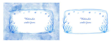 Winter frames with bushes and snowflakes. Watercolor hand painted illustration. Great for greeting cards. Blue colorの写真素材