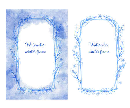 Winter frames with tree branches. Watercolor hand painted illustration. Great for greeting cards. Blue colorの写真素材
