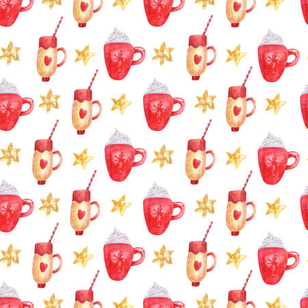 Winter seamless pattern with golden stars and coffee mugs garnished with marshmallow on white. Hand painted watercolor illustration. Great for fabrics, wrapping paper, Christmas greeting cards.の写真素材