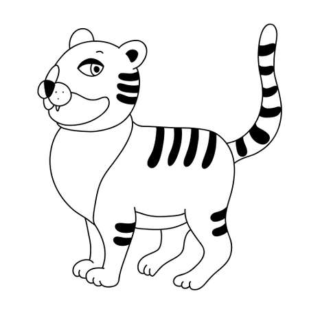 Tiger doodle hand drawn illustration isolated on white background. Children illustration, black outline.のイラスト素材