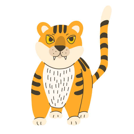 Funny little tiger hand drawn flat illustration isolated on white background. Great for kids design. Orange and dark brown colors.のイラスト素材