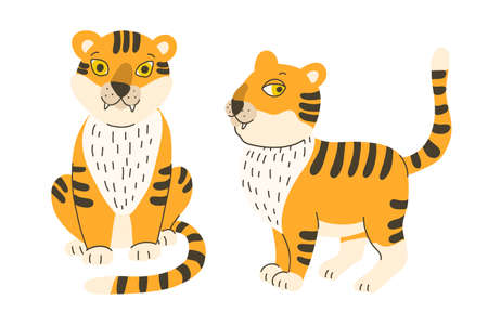 Tigers hand drawn flat illustration isolated on white background. Great for kids design. Orange and dark brown colors.のイラスト素材