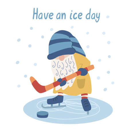 Have an ice day. Card with a hockey player gnome. Winter fun, sport and recreation. Funny character. Hand drawn lettering and flat illustration. Red, yellow and blue colors.のイラスト素材
