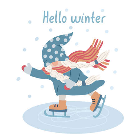 Hello winter card with a cheerful skating girl gnome. Winter fun, sport and recreation. Funny character. Hand drawn lettering and flat illustration. Red and blue colors.のイラスト素材