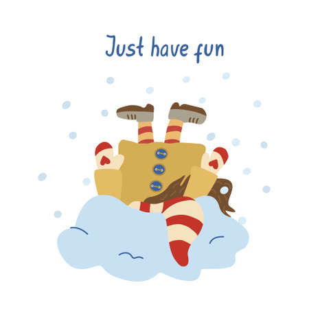 Just have fun. Card with a gnome sticking out of a snowdrift. Funny character. Hand drawn lettering and flat illustration. Red, yellow and blue colors.のイラスト素材