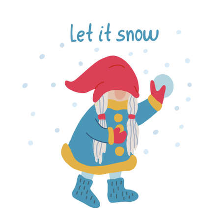 Let it snow. Card with a girl gnome playing snowballs. Winter fun recreation. Funny character. Hand drawn lettering and flat illustration. Red, yellow and turquoise colors.のイラスト素材