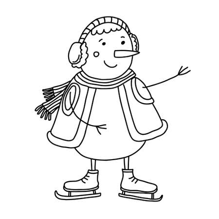 Snowman on skates doodle hand drawn illustration isolated on white. Black outline. Great for New Year and Christmas design and coloring books.のイラスト素材