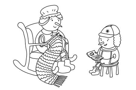 Grandma and grandson snowmen spending time together. Knitting and reading books. Doodle hand drawn illustration isolated on white. Black outline. Great for coloring books, cozy winter designのイラスト素材