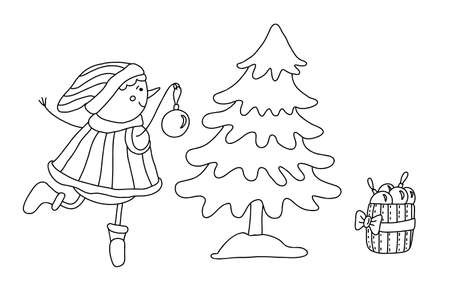 Girl snowman decorating Christmas tree. Doodle hand drawn illustration isolated on white. Black outline. Great for New Year and Christmas design and coloring books.のイラスト素材