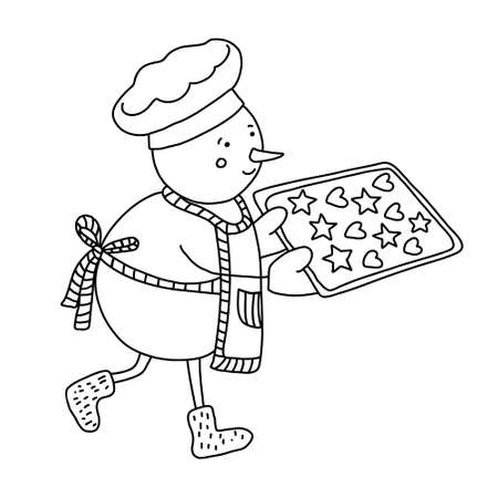Baker snowman with tray ful of cookies doodle hand drawn illustration isolated on white. Black outline. Great for New Year and Christmas design and coloring books.のイラスト素材