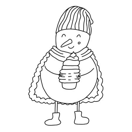 Snowman with mug of coffee doodle hand drawn illustration isolated on white. Black outline. Great for New Year and Christmas design and coloring books.のイラスト素材