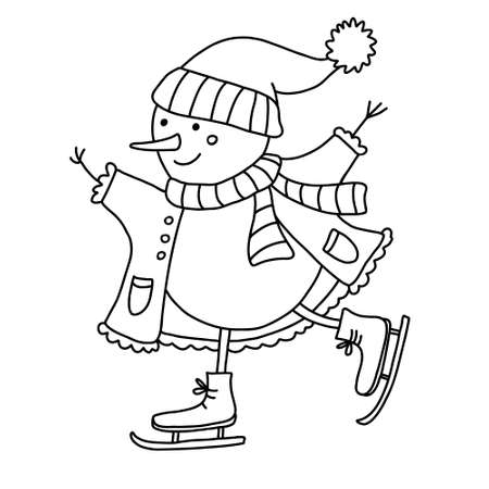 Snowman skating doodle hand drawn illustration isolated on white. Black outline. Great for New Year and Christmas design and coloring books.のイラスト素材