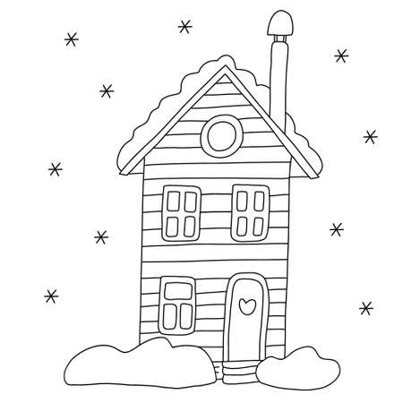 Winter village house doodle hand drawn illustration isolated on white. Black outline. Great for New Year, Christmas design and coloring books.のイラスト素材