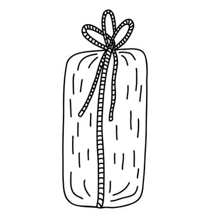 Gift box tight up with ribbon rope. Doodle cartoon vector illustration of Christmas or Birthday present. Hand drawn sketch isolated on white, black outline.のイラスト素材