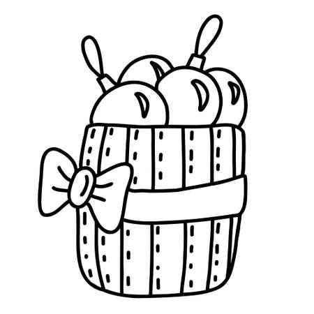Basket decorated with ribbon bow full of Christmas baubles. Hand drawn doodle vector illustration isolated on white. Great for xmas and New year greeting cards, posters.のイラスト素材