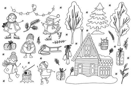 Set with funny snowmen, snow trees, house and Christmas decorations. Doodle hand drawn illustration isolated on white. Black outline. Great for coloring books. Cozy winter design.のイラスト素材