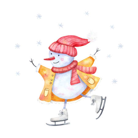 Cute snowman skating. Funny character. Winter fun, sport and recreation. Watercolor hand painted illustration isolated on white. Yellow and red colors.の写真素材