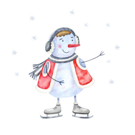 Cute snowman on skates. Funny character. Winter fun, sport and recreation. Watercolor hand painted illustration isolated on white.の写真素材
