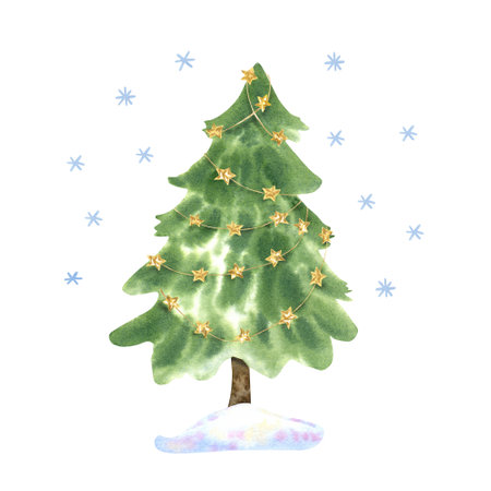 Christmas tree decorated with golden stars garland. Hand painted illustration isolated on white. Great for New Year and Christmas greeting cards. Winter design. Green and yellow colors.の写真素材