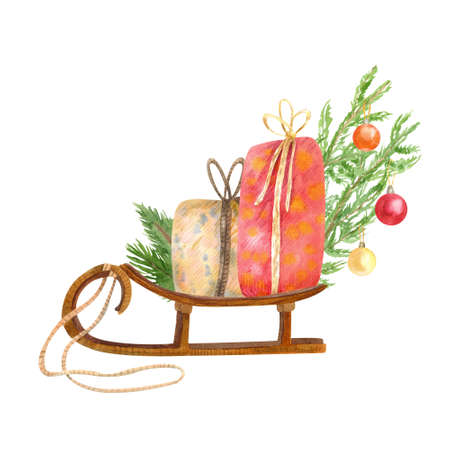 Santa's sleigh with gift boxes, and Christmas tree branches decorated with colorful baubles. Watercolor hand painted illustration. Xmas card design.の写真素材