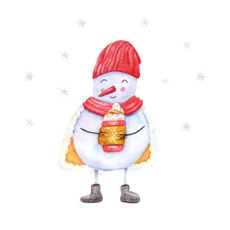 Cute snowman with red cup of cappuccino garnished with whipped cream and cinnamon. Hand painted watercolor illustration. Great for greeting cards. Winter design.の写真素材