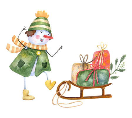 Cute cheerful snowman girl getting Christmas presents. Hand painted illustration isolated on white. Great for New Year and Christmas greeting cards. Winter design. Green, red and yellow colors.の写真素材
