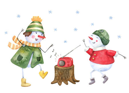 Dancing cheerful snowmen kids. Hand painted illustration isolated on white. Great for New Year and Christmas greeting cards. Winter design. Red, green and yellow colors.の写真素材