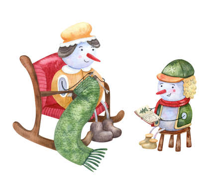 Grandma and grandson snowmen spending time together. Great for New Year and Christmas greeting cards. Cozy winter. Red, green and yellow colors.の写真素材
