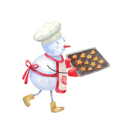 Cute snowman baker with tray full of Christmas cookies. Hand painted watercolor illustration. Great for greeting cards. Winter design.の写真素材