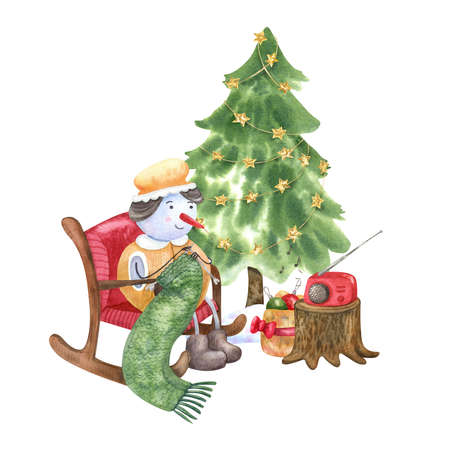 Snowman grandma knitting and listening to music near in rocking chair near Christmas tree. Hand painted illustration isolated on white. Great for New Year and Xmas greeting cards. Winter cozy designの写真素材