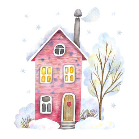Cozy pink village house surrounded by snowdrifts. Winter landscape. Snow tree and bush. Hand painted watercolor illustration isolated on white.の写真素材