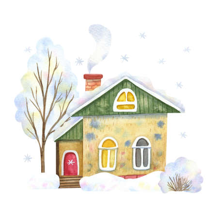 Cozy wooden village house surrounded by snow trees and snowdrifts. Winter landscape. Hand painted watercolor illustration isolated on white. Yellow, green and pink colors.の写真素材