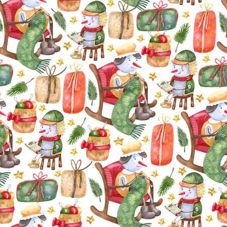 Seamless pattern with snowman grandma, grandson and Christmas presents on white background. Family hand painted watercolor illustration. Great for fabrics, wrapping paper, greeting cards.の写真素材
