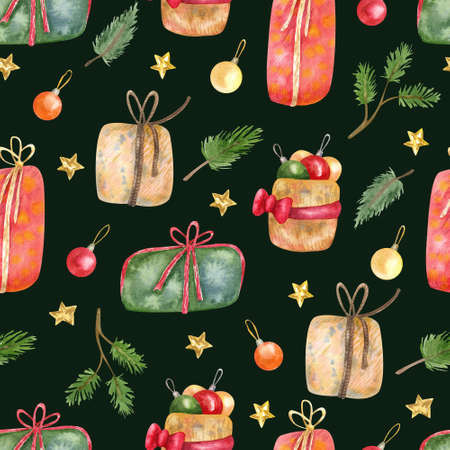 Seamless pattern with Christmas baubles, decorations and gift boxes on dark background. Hand painted watercolor illustration. Great for fabrics, wrapping paper, greeting cards.の写真素材