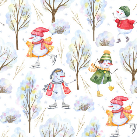 Seamless pattern with cheerful snowmen playing outdoor, snow trees, branches, bushes and snowflakes on white background. Watercolor hand painted illustration. Winter designの写真素材
