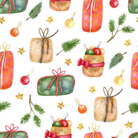 Seamless pattern with Christmas baubles, decorations and gift boxes on white background. Hand painted watercolor illustration. Great for fabrics, wrapping paper, greeting cards.の写真素材
