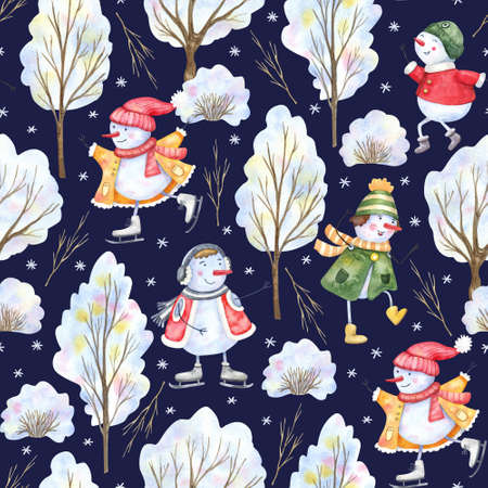Seamless pattern with cheerful snowmen playing outdoor, snow trees, branches, bushes and snowflakes on dark blue background. Watercolor hand painted illustration. Winter designの写真素材
