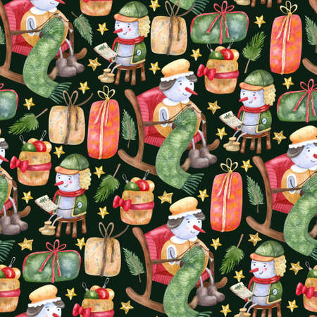 Seamless pattern with snowman grandma, grandson and Christmas gift boxes on dark background. Family hand painted watercolor illustration. Great for fabrics, wrapping paper, greeting cards.の写真素材